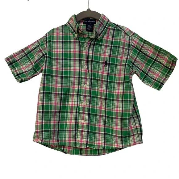Ralph Lauren Toddler Boys Green Pink Plaid Short Sleeve Button Down Shirt 3T - Picture 1 of 4